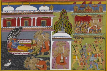 Viṣṇu descansa con Lakshmi mientras Rāvaṇa cae, luego rapta mujeres en su carro.