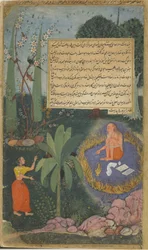 Vol.1 fol.61 A instancias de Indra, Rambha se acerca a Visvamitra para distraer al sabio de sus austeridades