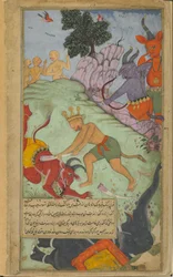 Vol.2 fol.227 Angada derriba a Devantaka con un colmillo arrancado del elefante de Mahodara