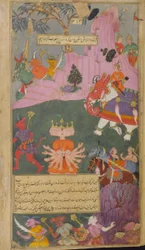 El ejército raksasa huye al ver a Ravana capturado por Indra
