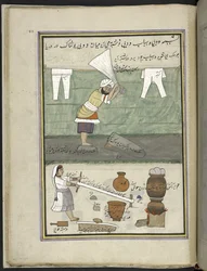 Lavandero y lavandera,  86 dibujos encuadernados en un volumen que representa oficios y ocupaciones en Cachemira, se muestra a los artesanos trabajando con sus implementos y equipos,  Por un artista de Cachemira, probablemente en Srinagar, c.1850-60 (gouac