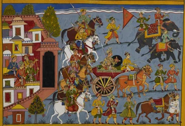 Śatrughna parte de Ayodhya para regresar a su reino, con sus asistentes.