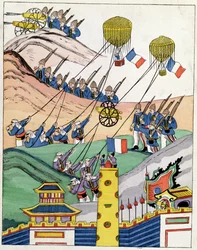 Póster mostrando a las tropas francesas usando globos capturados en la época de la conquista de Tonkín, 1884