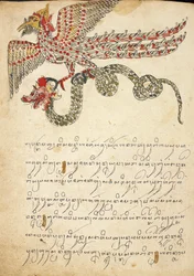 Una criatura voladora que lleva una serpiente, ilustración de 