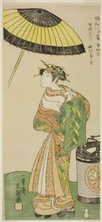 El actor Segawa Kikunojo II como la cortesana Hitachi en la segunda parte de la obra Wada Sakamori Osame no Mitsugumi (El carrusel de Wada: el último trago con un juego de tres copas), representada en el Teatro Ichimura a partir del noveno día del segundo 