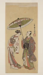 Actores Ichikawa Yaozō II como Soga no Jūrō y Segawa Kikunojō II como Ōiso no Tora