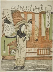 Chizuka no Fumi no Bosetsu (La nieve vespertina de mil cartas de amor), los amantes Ohatsu y Tokubei, de la serie "Sugata Hakkei (Ocho vistas de amantes)", c.1772 (xilografía en color; chuban)