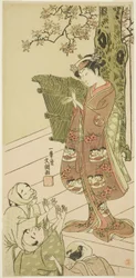 El actor Arashi Hinaji I, posiblemente como Yuya Gozen en la obra Ima o Sakari Suehiro Genji (El clan Genji ahora en su apogeo), representada en el Teatro Nakamura desde el primer día del undécimo mes, 1768