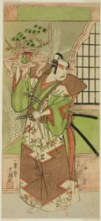 El actor Ichikawa Yaozo II en una celebración previa a la obra "Soga Monogatari," presentada en el Teatro Morita en el segundo mes, 1773