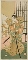 El actor Matsumoto Koshiro III como Akita Jonosuke en la obra Kawaranu Hanasakae Hachi no Ki, representada en el Teatro Nakamura en el undécimo mes, 1769