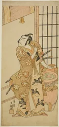 El actor Sawamura Sojuro II como Kudo Suketsune (?) en la obra Edo no Hana Wakayagi Soga (?), representada en el Teatro Ichimura (?) en el segundo mes, 1769 (?)
