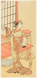 El actor Segawa Kikunojo II, posiblemente como la princesa Ayaori en la obra Ima o Sakari Suehiro Genji (El clan Genji ahora en su apogeo), representada en el Teatro Nakamura desde el primer día del undécimo mes, 1768