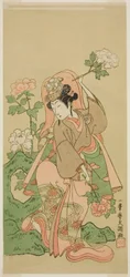 El actor Segawa Kikunojo II en la danza Shakkyo en la obra Soga Moyo Aigo no Wakamatsu, representada en el Teatro Nakamura en el segundo mes de 1769