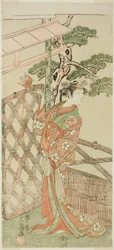 El Actor Yamashita Kinsaku II como Moshio, Esposa de Ito Sukekiyo, en la Obra Izu-goyomi Shibai no Ganjitsu, Representada en el Teatro Morita en el Undécimo Mes, 1772