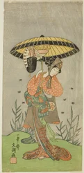 El actor Yamashita Kinsaku II como Nijo no Kisaki (?) en la obra Natsu Matsuri Naniwa Kagami (?), representada en el Teatro Morita (?) en el séptimo mes, 1770 (?)