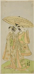 Los actores Ichikawa Komazo II como Chunagon Yukihira (derecha), e Iwai Hanshiro IV como Murasame (izquierda), en la obra Kuni no Hana Ono no Itsumoji, representada en el Teatro Nakamura en el undécimo mes, 1771