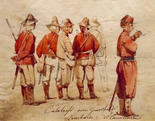 Soldados del ejército calabrés durante la Expedición de los Mil, ilustración de Ippolito Caffi