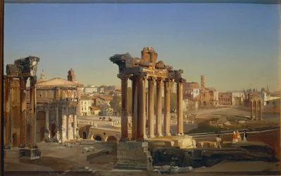 Italia, Roma, Vista del Foro Romano con el Templo de Saturno