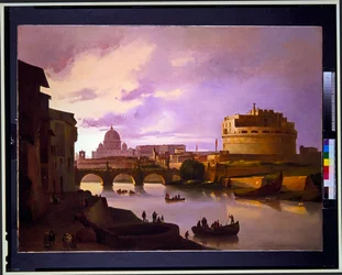 Pareja: Vista del Castillo de Sant Angelo desde el Tíber con San Pedro al fondo, vista del Coliseo