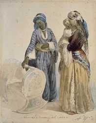 Esclavo y mujer de El Cairo, dibujo en acuarela de Ippolito Caffi (1809-1866)