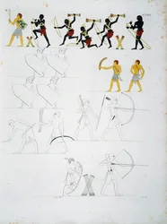 Escenas militares, soldados con arcos y flechas, de las tumbas de Beni Hasan, Lámina CXVIII, de los monumentos de Egipto y Nubia: monumentos civiles