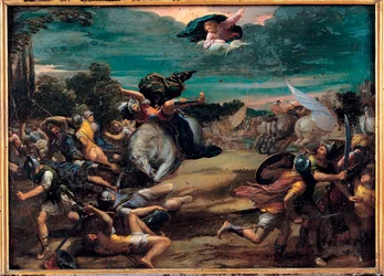 La conversion sur le chemin de Damas (San Pablo) - La Conversión en el Camino de Damasco - Pintura de Ippolito Scarsellino (Scarsella) (1551-1620), Óleo sobre madera 1590-1595 (39x55 cm) - Musei Capitolini, Rome
