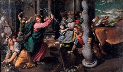 Le Christ chassant les marchands du temple - Cristo expulsando a los prestamistas del templo - Pintura de Ippolito Scarsellino (Scarsella) (1551-1620), Óleo sobre lienzo 1580-1585 (68x116 cm) - Musei Capitolini, Roma