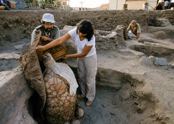 Arqueólogos con un fardo de momia encontrado en la excavación de la escuela., 2001 (foto)