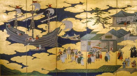 Samurai- Biombo de Namban Byobus- Bárbaros del Sur- Un barco portugués entrando en un puerto japonés..., 2005 (foto)