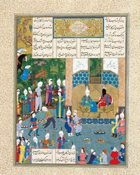 Kay Khusraw recibido por su abuelo, Kay Kaus, Rey de Irán, Iluminación de manuscrito del ep