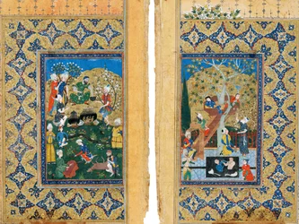 Picnic. Miniatura de la leyenda de Yusuf y Zalikha de José y la esposa de Potifar por Jami