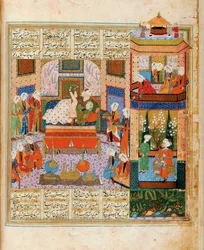 La consumación del matrimonio entre Khusraw y Shirin Miniatura del ciclo de ocho poetas