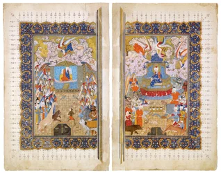 La Reina de Saba y el Rey Salomón Iluminación de manuscrito del épico Shahname de Ferdowsi