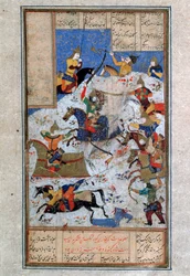 La batalla entre iraníes y turanianos, siglo XVI