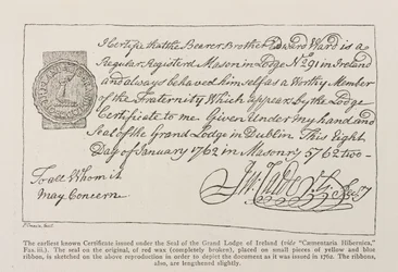 Facsímil del certificado más antiguo conocido emitido bajo el sello de la Gran Logia de Irlanda, fechado en 1762