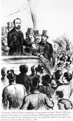 Michael Davitt dirigiéndose a 100,000 personas en Jones Wood, EE.UU., de Irish World, 5 de junio de 1880