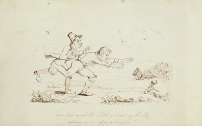 Sobre Pop Fue el Pequeño con el Salto de un Saltamontes, ilustración de libro que muestra a Dos Irlandeses Persiguiendo a un Duende, siglo XIX