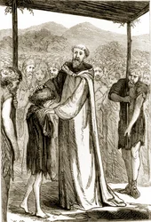 San Columba bendice a un niño salvaje, de The Trias Thaumaturga, o Tres Santos Milagrosos de Irlanda, por Mary Cusack (1829-99) publicado c.1890s