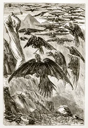 San Patricio y los pájaros demoníacos, de The Trias Thaumaturga, o Tres Santos Milagrosos de Irlanda, por Mary Cusack (1829-99) publicado c.1890s