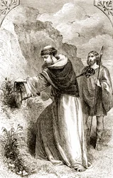 San Patricio marcando el escudo de Connal con la Cruz, de The Trias Thaumaturga, o Tres Santos Milagrosos de Irlanda, por Mary Cusack (1829-99) publicado c.1890s