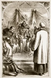 San Patricio predicando en Tara, de The Trias Thaumaturga, o Tres Santos Milagrosos de Irlanda, por Mary Cusack (1829-99) publicado c.1890s