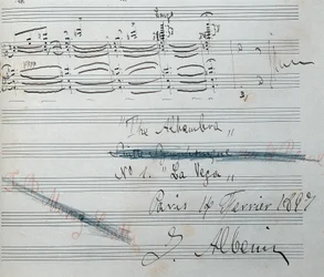 Partitura de la suite para piano «La Vega» con autógrafo de Isaac Albéniz (1860-1909), compositor y pianista español. Manuscrito fechado el 14 de febrero de 1897. Biblioteca Nacional de Cataluña.