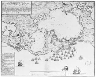 Un nuevo y exacto plano de la ciudad y puerto de Cartagena, mostrando el descenso de ese lugar por la flota británica y las fuerzas de tierra, bajo el mando de los almirantes Vernon y Ogle y el general Wentworth en marzo y abril de 1741 ...
