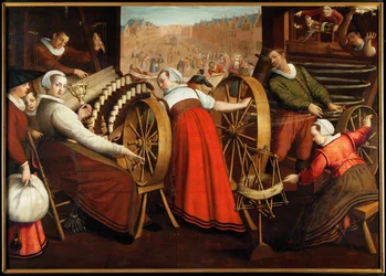 Obreras hilando y tejiendo lana, c.1600 (óleo sobre madera)