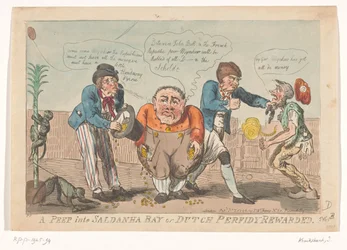 Caricatura que representa la capitulación de la flota bátava en la bahía de Saldanha, 1796 A Peep into Saldanha Bay o Dutch Perfidy Rewarded (título sobre el objeto)