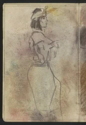 Mujer de pie con vestido oriental, de perfil