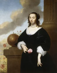 Retrato de una dama, de pie en figura de tres cuartos, con vestido de raso negro ribeteado de encaje blanco