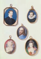 Miniaturas. de Izq a Der, de Arriba a Abajo: Sir Arundel Talbot; Hombre Desconocido; Cabeza de Cristo; Ana de Dinamarca (1574-1619); Dama en Traje de Máscara