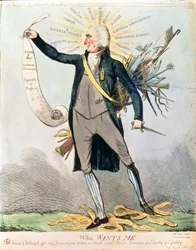 Wha Wants Me", caricatura de Isaac Cruikshank (1756-1811/16) que muestra a Tom Paine y los Derechos del Hombre.