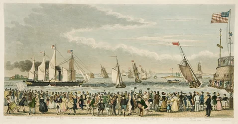 Llegada del Gran Barco de Vapor Occidental, frente a Nueva York el lunes 23 de abril de 1838, pub. 1842